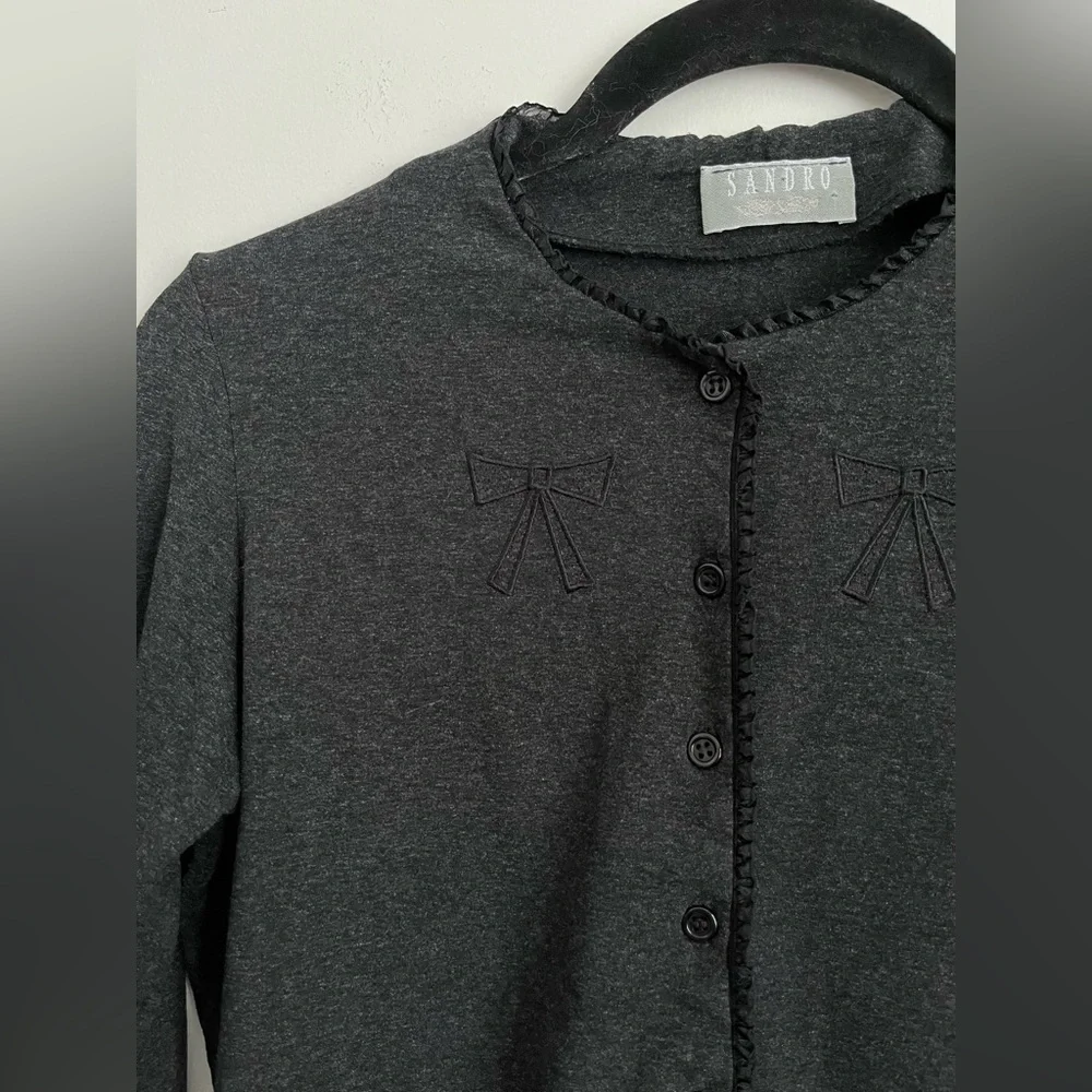 Sandro Women Vintage Unique Dark Gray Button-Up Bow Coquette Cardigan S Small - Picture 2 of 9